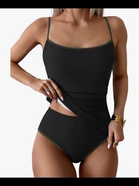 Eomenie Tankini Swimsuit, Black With Olive Green Trim #1422